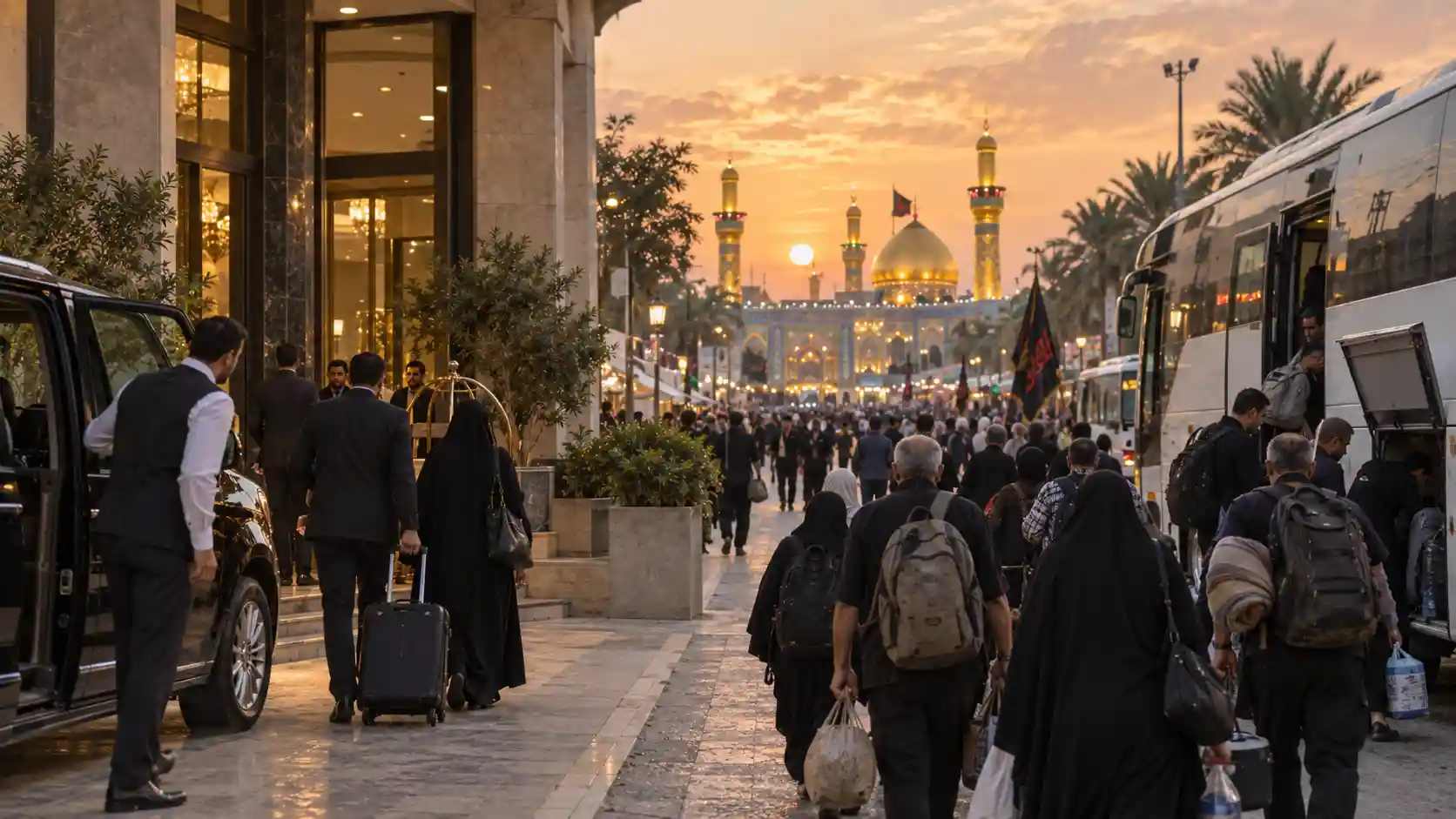 مقایسه تور VIP کربلا و تور کاروانی با نمای حرم کربلا و زائران